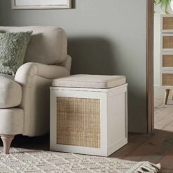 Frances Woven Rattan Single Storage Stool With Cushion, White