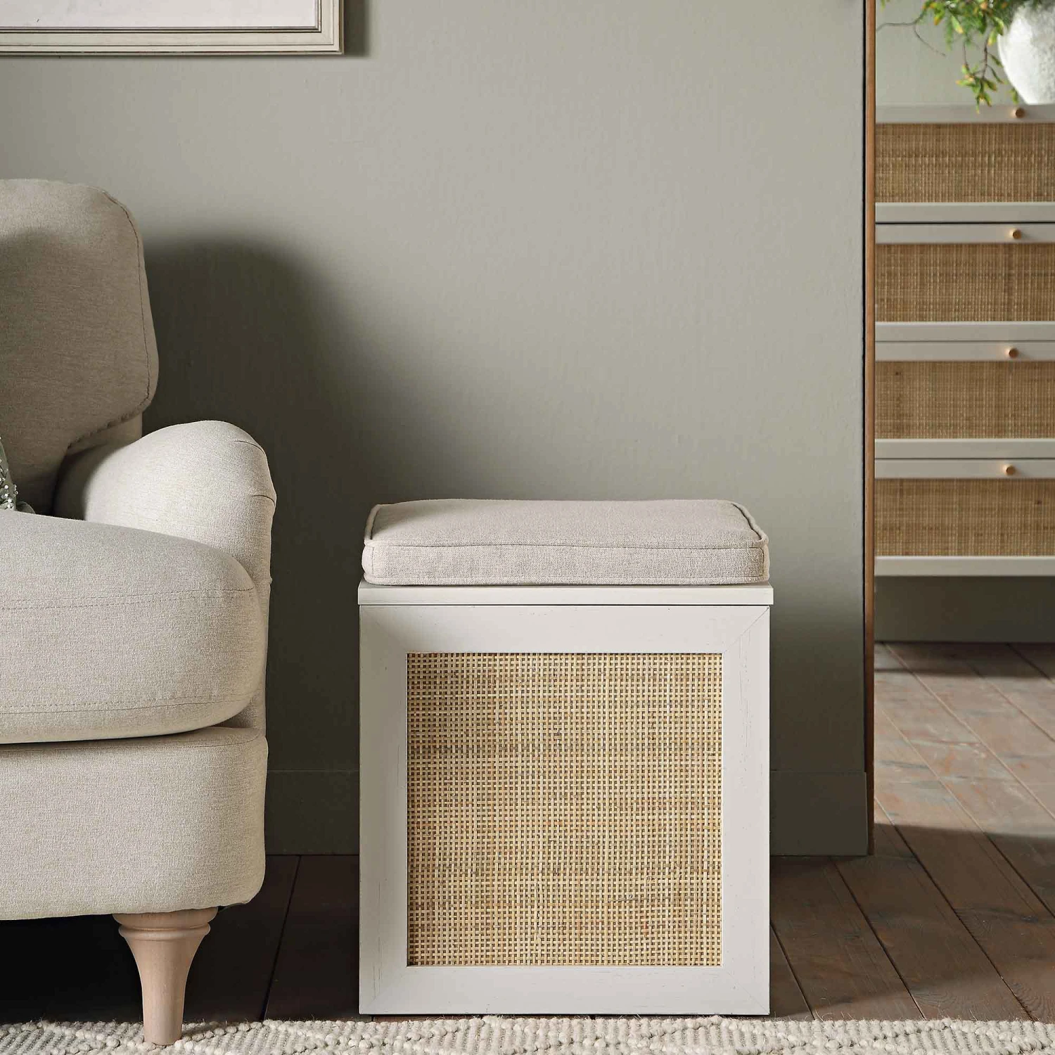 Frances Woven Rattan Single Storage Stool With Cushion, White 2 Frances Woven Rattan Single Storage Stool With Cushion, White - Image 2