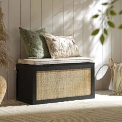 Frances Woven Rattan Double Storage Stool With Cushion, Black
