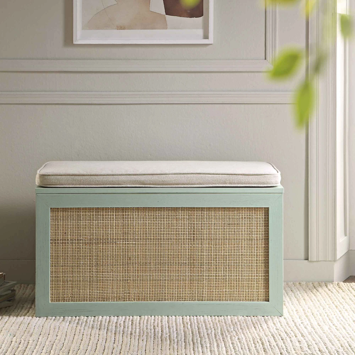 Frances Woven Rattan Double Storage Stool With Cushion, Mint 2 Frances Woven Rattan Double Storage Stool With Cushion, Mint - Image 2