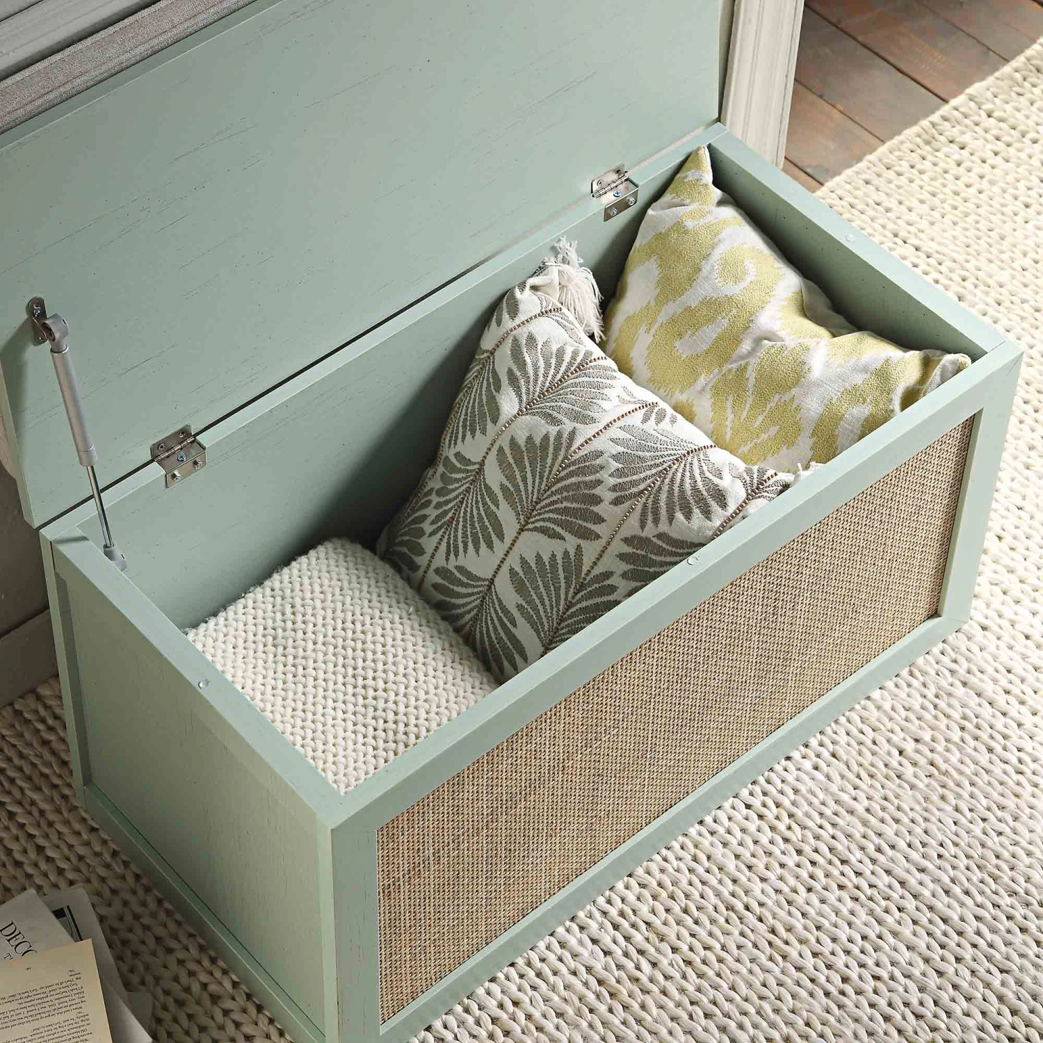 Frances Woven Rattan Double Storage Stool With Cushion, Mint 3 Frances Woven Rattan Double Storage Stool With Cushion, Mint - Image 3