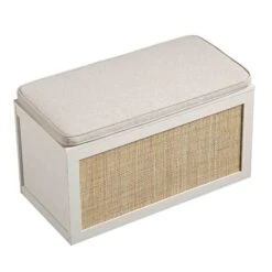 Frances Woven Rattan Double Storage Stool With Cushion, White -Daals Store FT BENCH 03 WHITE WB4