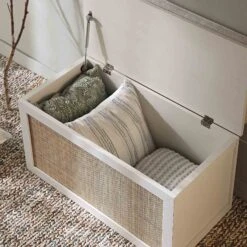 Frances Woven Rattan Double Storage Stool With Cushion, White -Daals Store FT BENCH 03 WHITE scene2