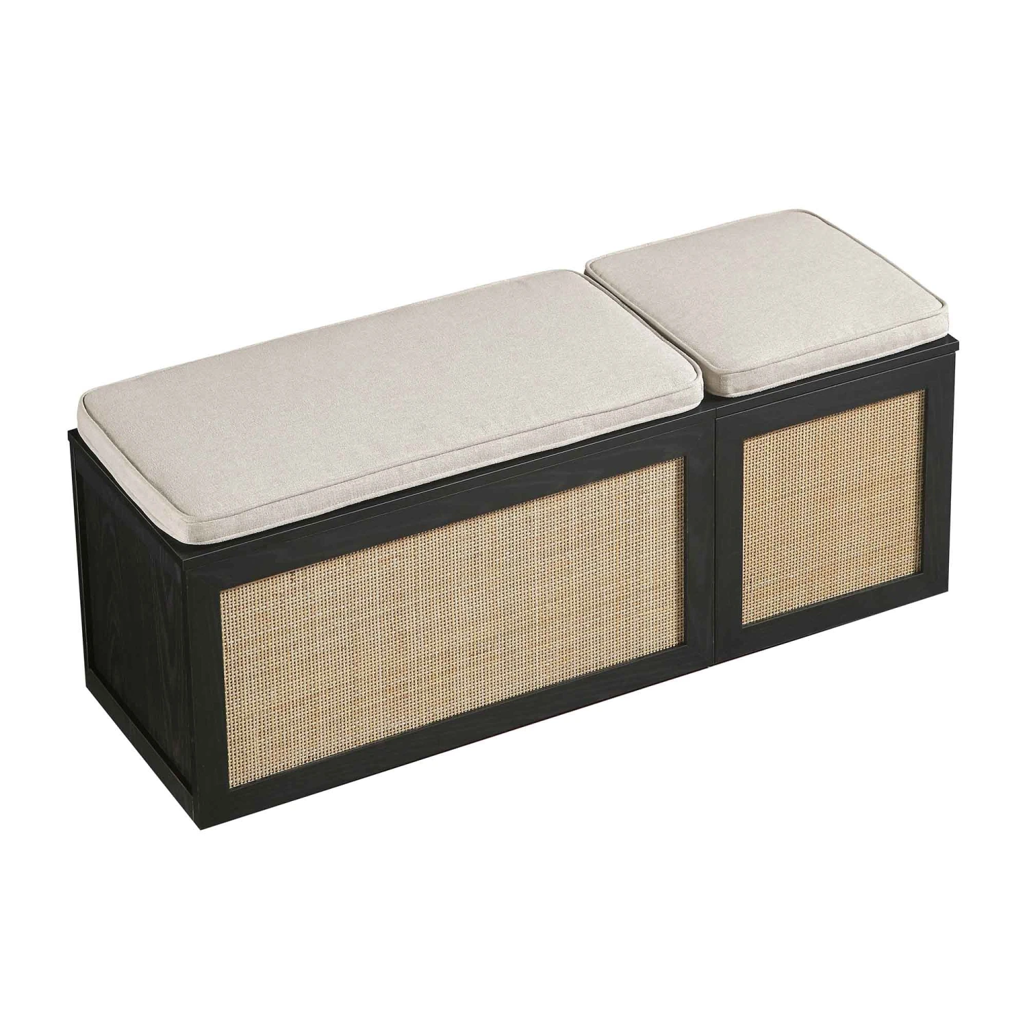 Frances Woven Rattan Triple Storage Stool Set With Cushion, Black 7 Frances Woven Rattan Triple Storage Stool Set With Cushion, Black - Image 7