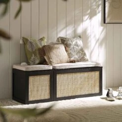 Frances Woven Rattan Triple Storage Stool Set With Cushion, Black