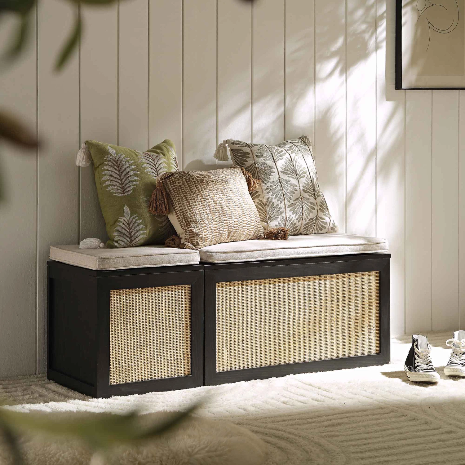 Frances Woven Rattan Triple Storage Stool Set With Cushion, Black 1 Frances Woven Rattan Triple Storage Stool Set With Cushion, Black