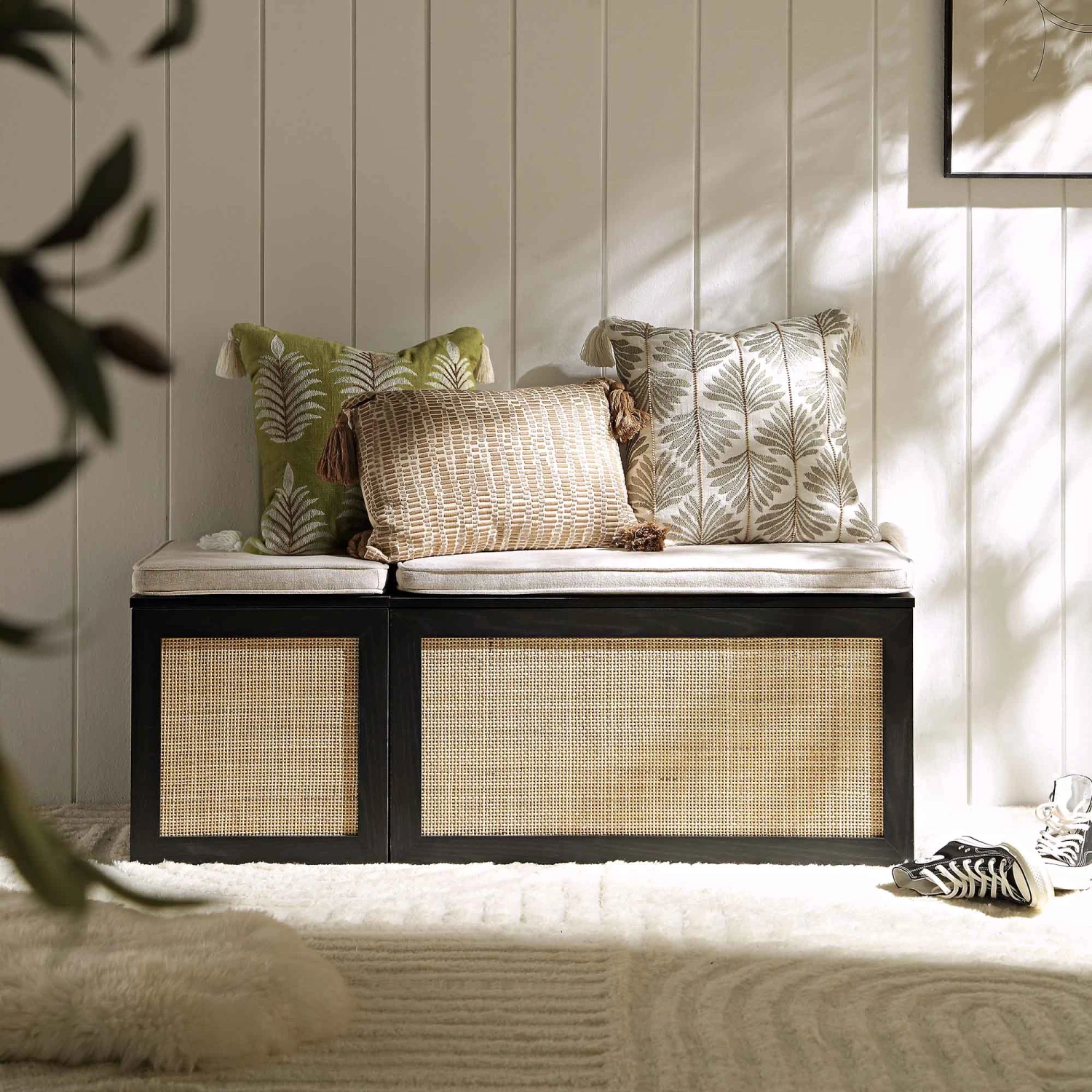 Frances Woven Rattan Triple Storage Stool Set With Cushion, Black 2 Frances Woven Rattan Triple Storage Stool Set With Cushion, Black - Image 2