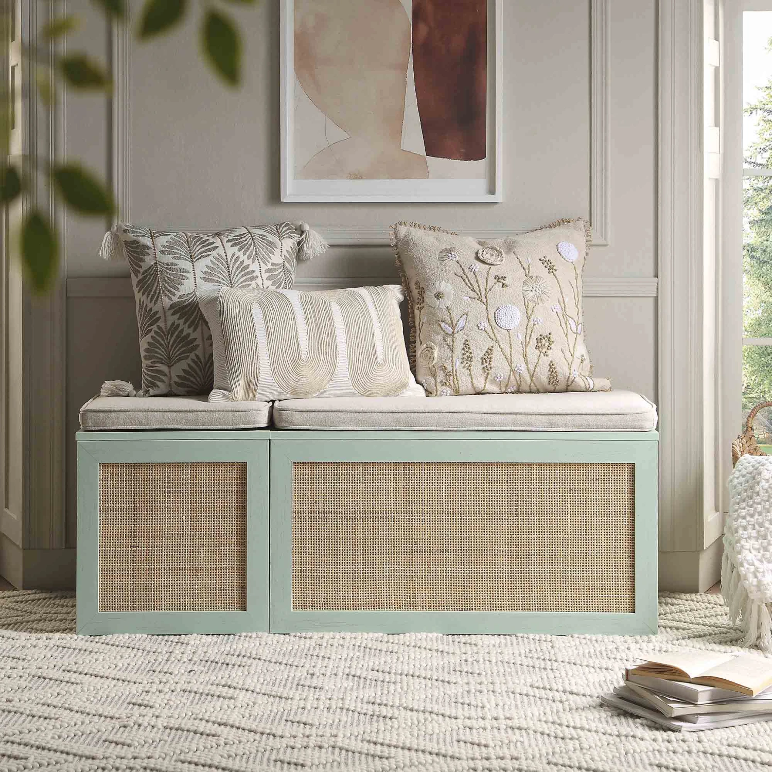 Frances Woven Rattan Triple Storage Stool Set With Cushion, Mint 2 Frances Woven Rattan Triple Storage Stool Set With Cushion, Mint - Image 2