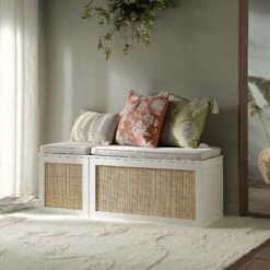 Frances Woven Rattan Triple Storage Stool Set With Cushion, White