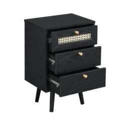 Anya Woven Rattan 3-Drawer Bedside Table In Black Colour -Daals Store FT BSD 002 BLACK WB3