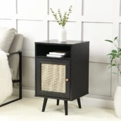 Frances Woven Rattan 1-Door Bedside Table In Black Colour