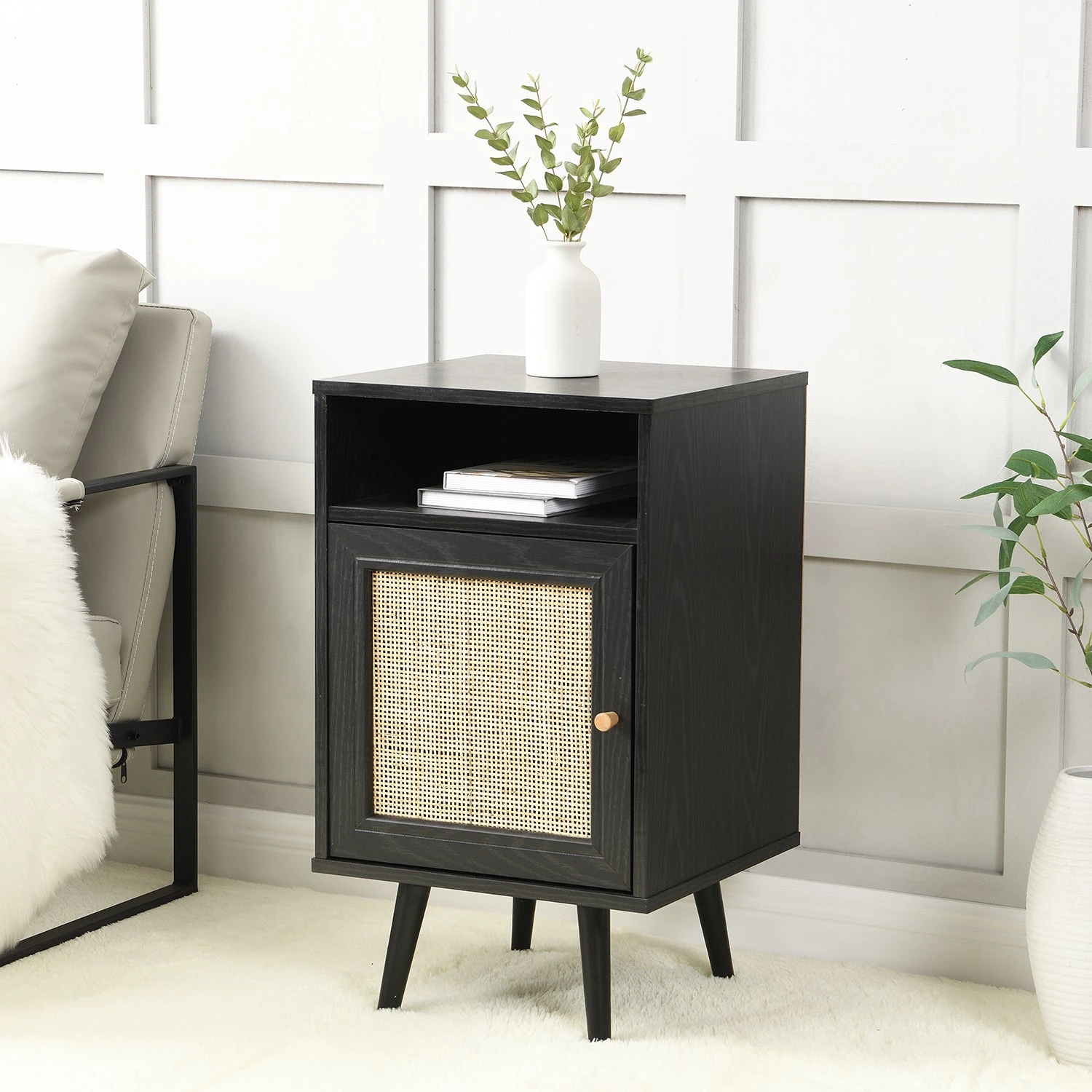 Frances Woven Rattan 1-Door Bedside Table In Black Colour 1 Frances Woven Rattan 1-Door Bedside Table In Black Colour