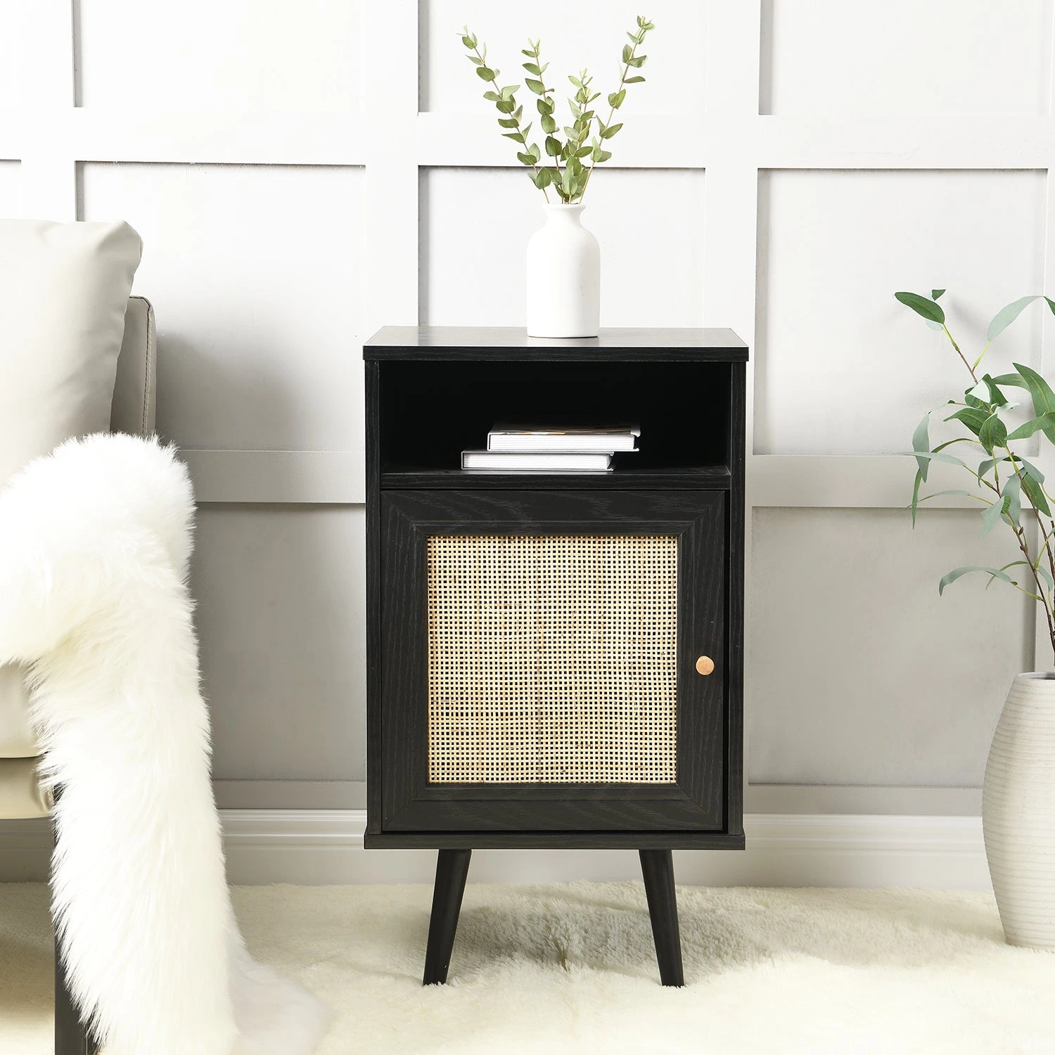 Frances Woven Rattan 1-Door Bedside Table In Black Colour 2 Frances Woven Rattan 1-Door Bedside Table In Black Colour - Image 2