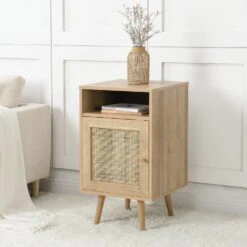 Frances Woven Rattan 1-Door Bedside Table In Natural Colour