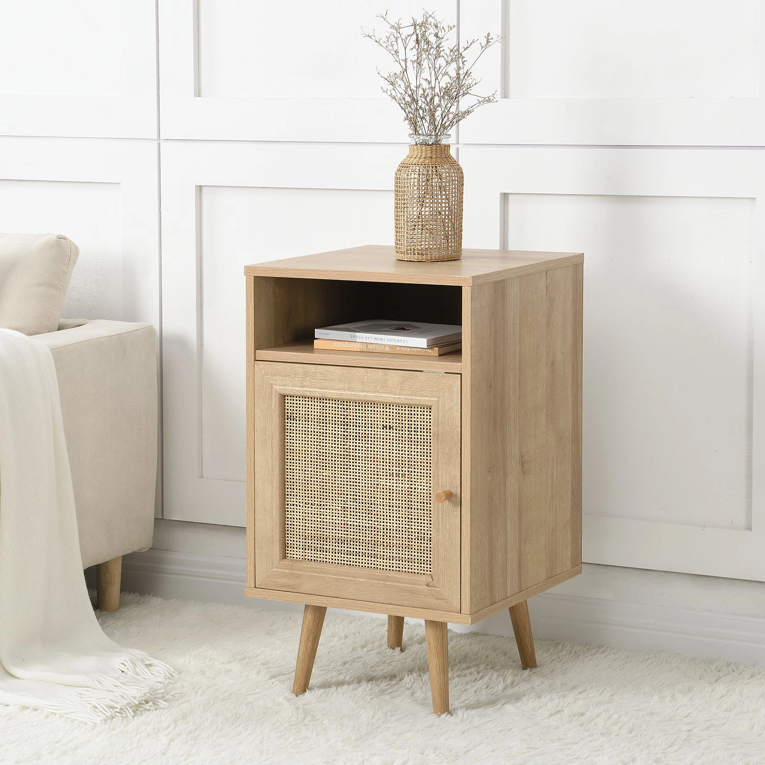 Frances Woven Rattan 1-Door Bedside Table In Natural Colour 1 Frances Woven Rattan 1-Door Bedside Table In Natural Colour
