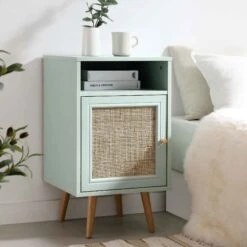 Frances Woven Rattan 1-Door Bedside Table In Mint