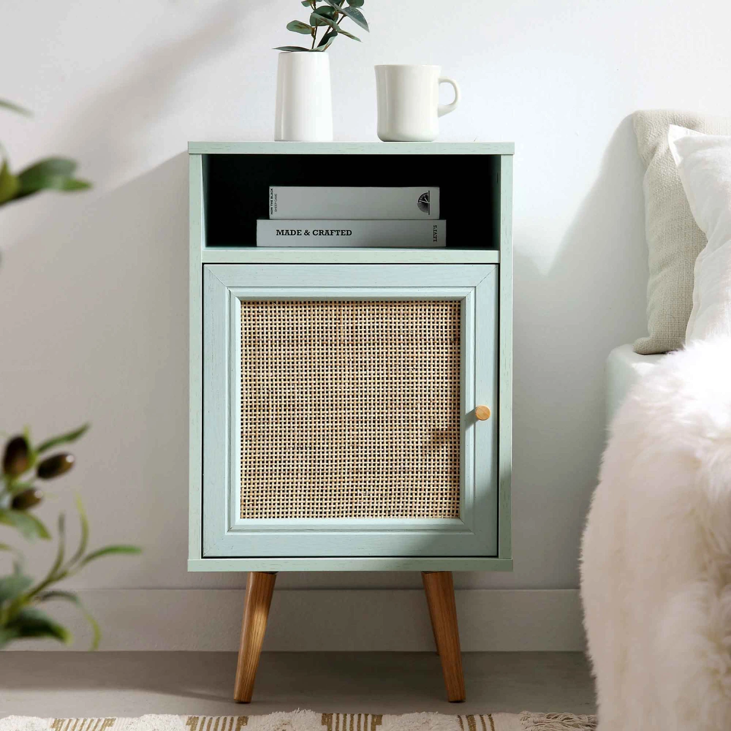 Frances Woven Rattan 1-Door Bedside Table In Mint 2 Frances Woven Rattan 1-Door Bedside Table In Mint - Image 2