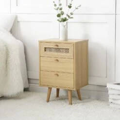 Anya Woven Rattan 3-Drawer Bedside Table In Natural Colour