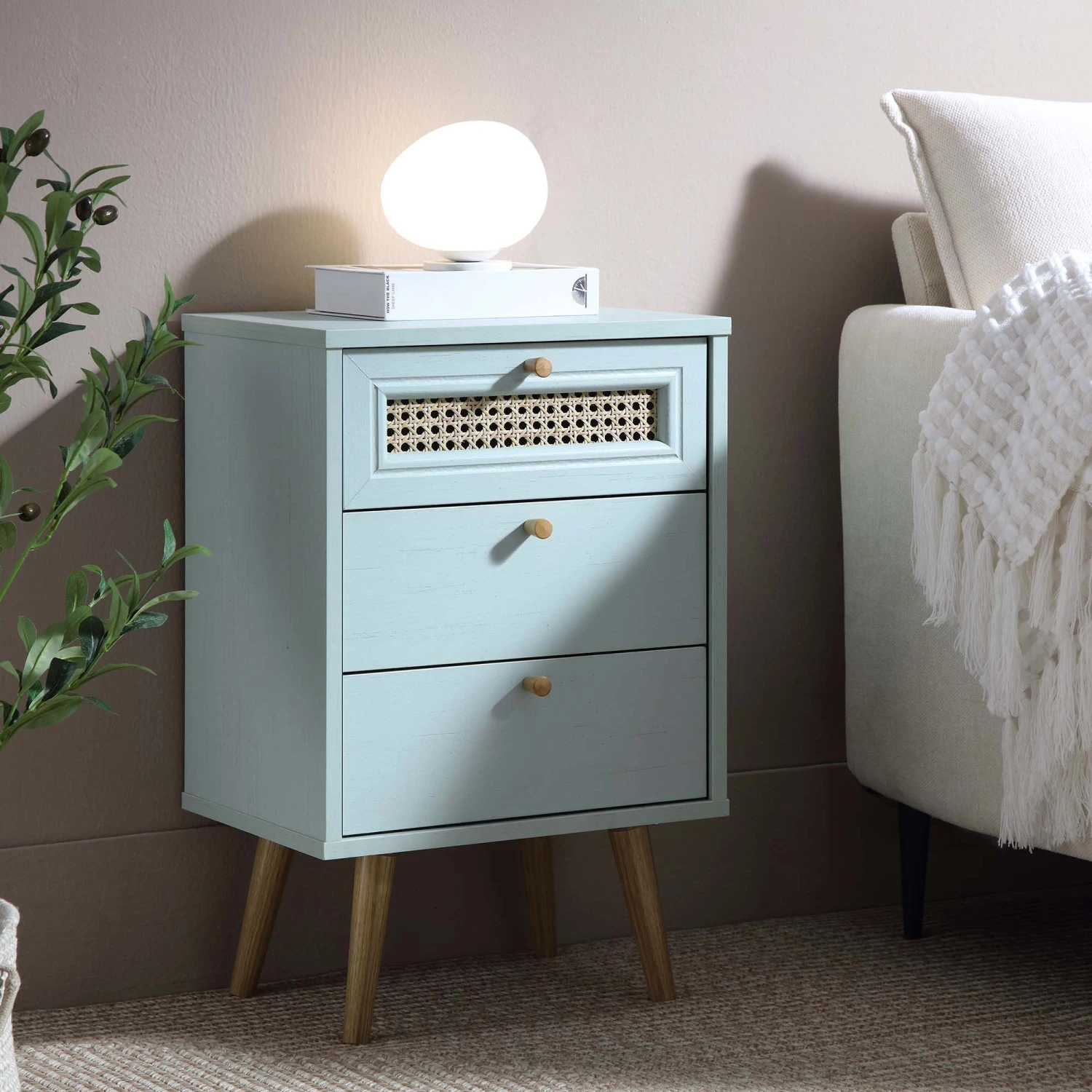 Anya Woven Rattan 3-Drawer Bedside Table In Mint Colour 1 Anya Woven Rattan 3-Drawer Bedside Table In Mint Colour