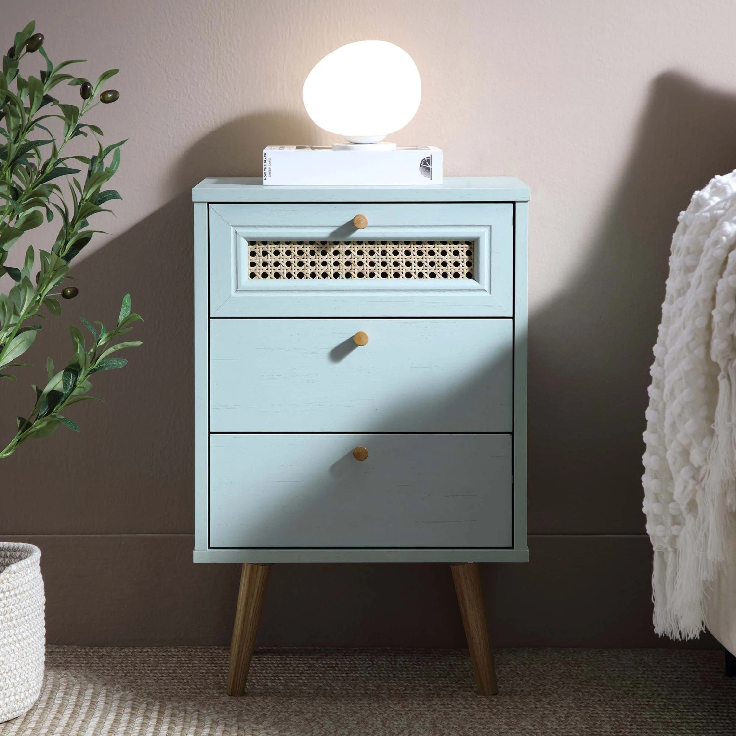 Anya Woven Rattan 3-Drawer Bedside Table In Mint Colour 2 Anya Woven Rattan 3-Drawer Bedside Table In Mint Colour - Image 2