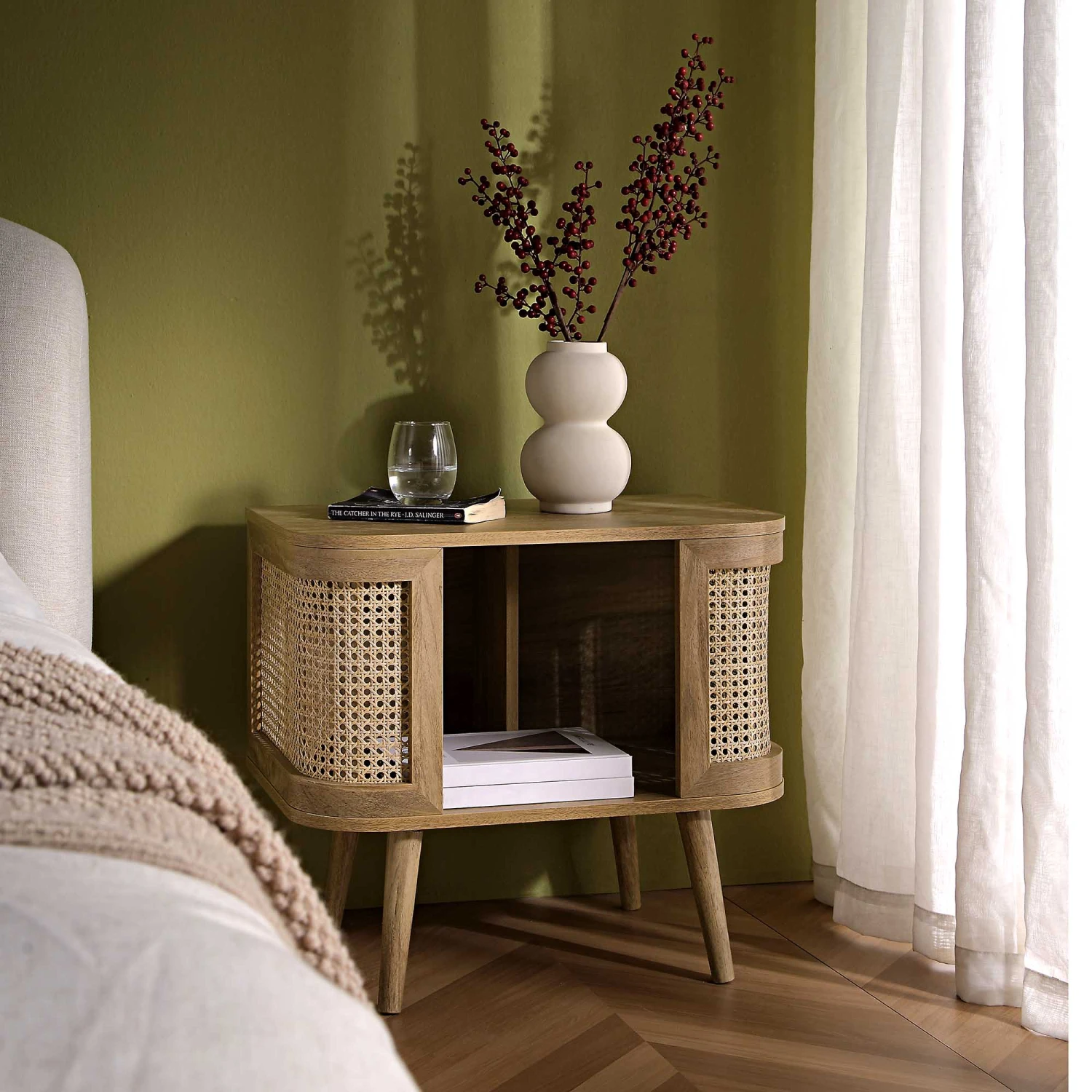 Izzy Curved Rattan Bedside Table, Natural 1 Izzy Curved Rattan Bedside Table, Natural