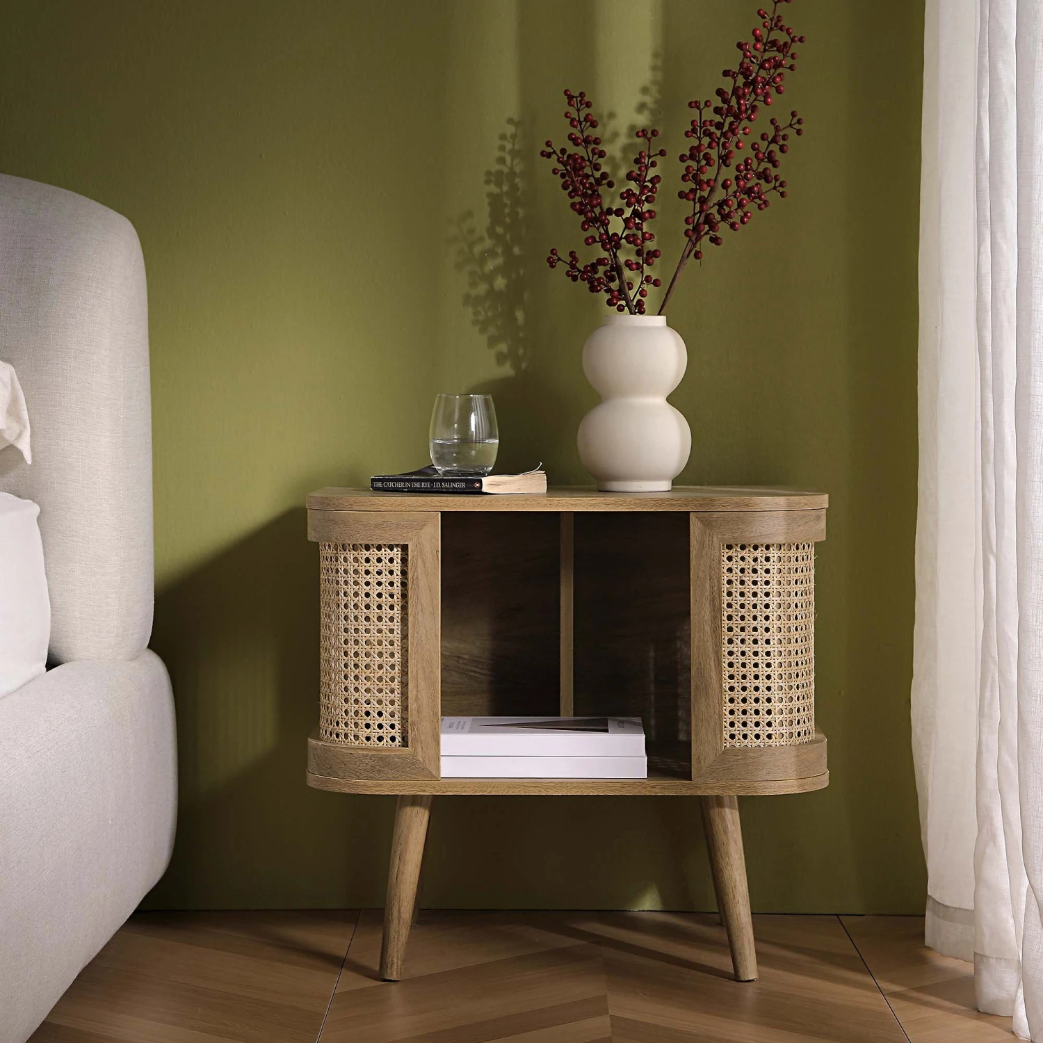 Izzy Curved Rattan Bedside Table, Natural 2 Izzy Curved Rattan Bedside Table, Natural - Image 2