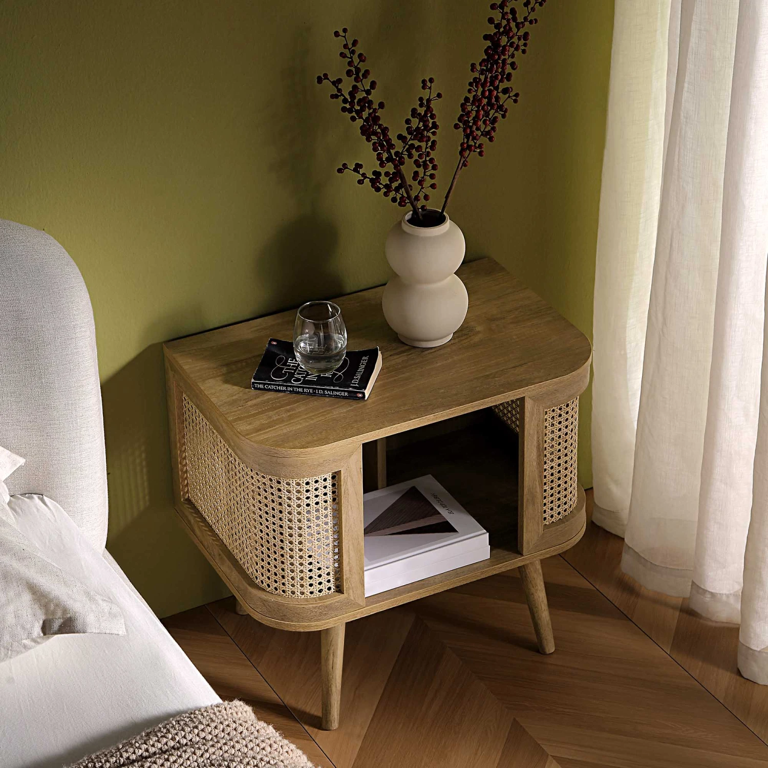 Izzy Curved Rattan Bedside Table, Natural 3 Izzy Curved Rattan Bedside Table, Natural - Image 3