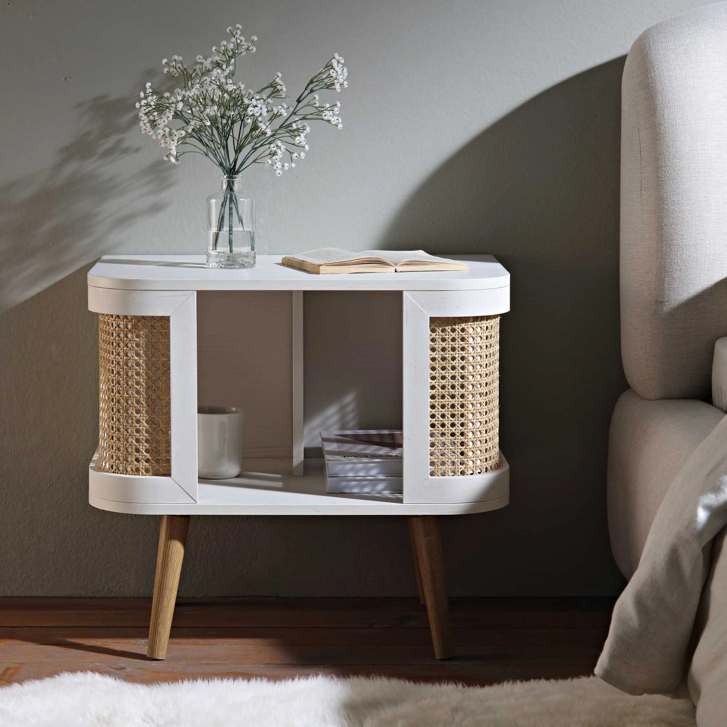 Izzy Curved Rattan Bedside Table, White 1 Izzy Curved Rattan Bedside Table, White