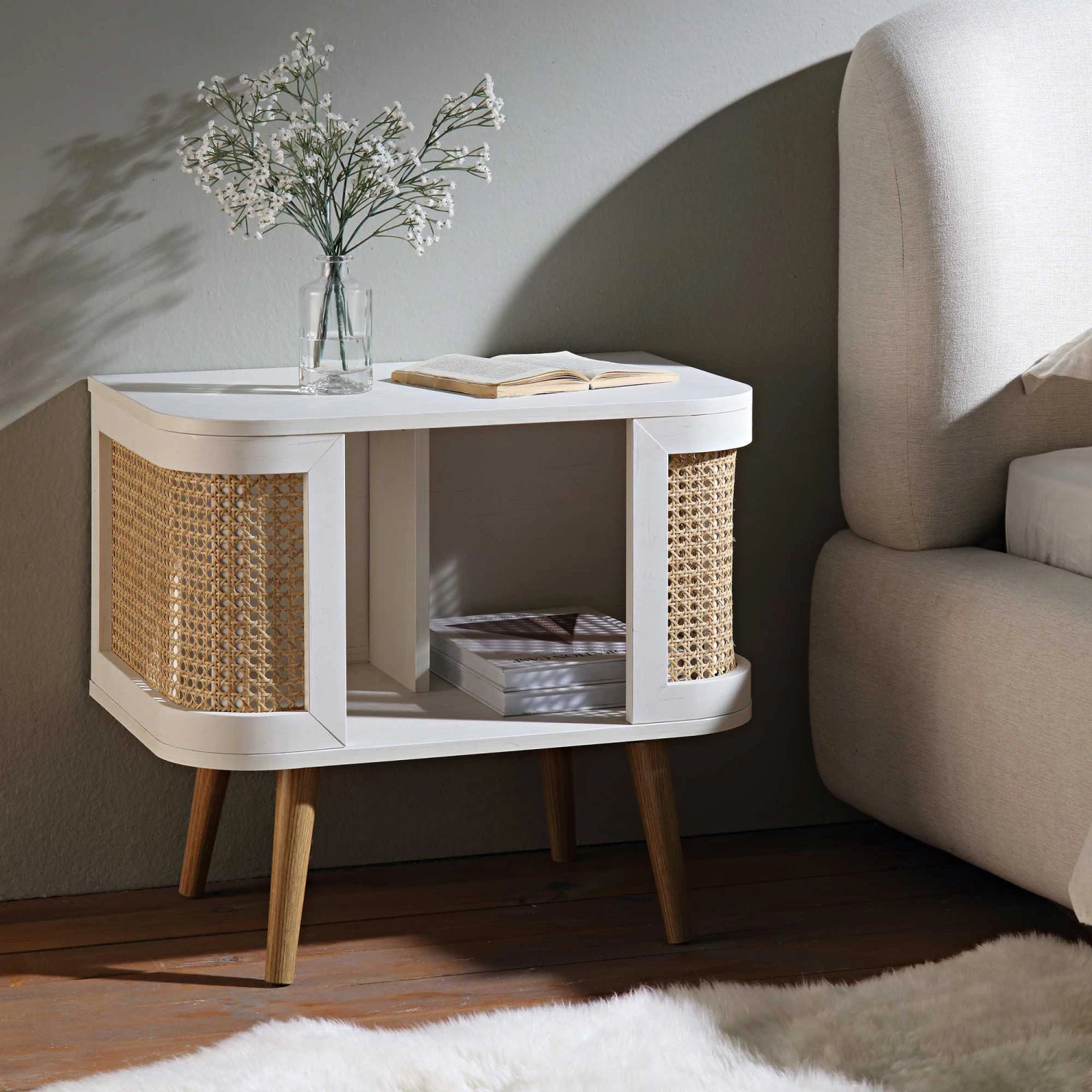 Izzy Curved Rattan Bedside Table, White 2 Izzy Curved Rattan Bedside Table, White - Image 2
