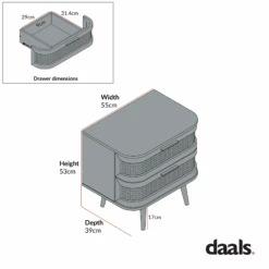 Izzy Curved Rattan 2-Drawer Bedside Table, Natural -Daals Store FT BST 05 CHART