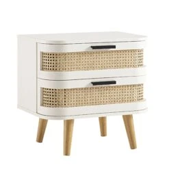 Izzy Curved Rattan 2-Drawer Bedside Table, White -Daals Store FT BST 05 WHITE WB2