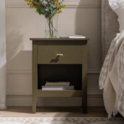 Oakham 1-Drawer Bedside Table, Olive Grove -Daals Store FT BST 06 DOLIVE scene1