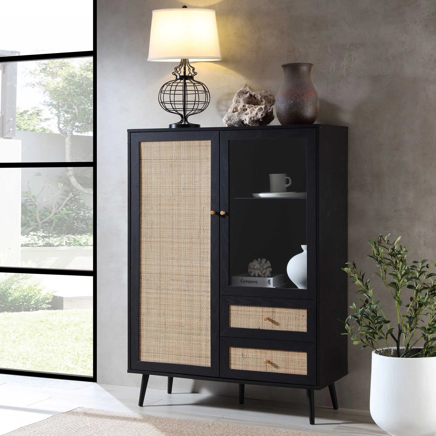 Frances Woven Rattan Display Cabinet, Black 1 Frances Woven Rattan Display Cabinet, Black