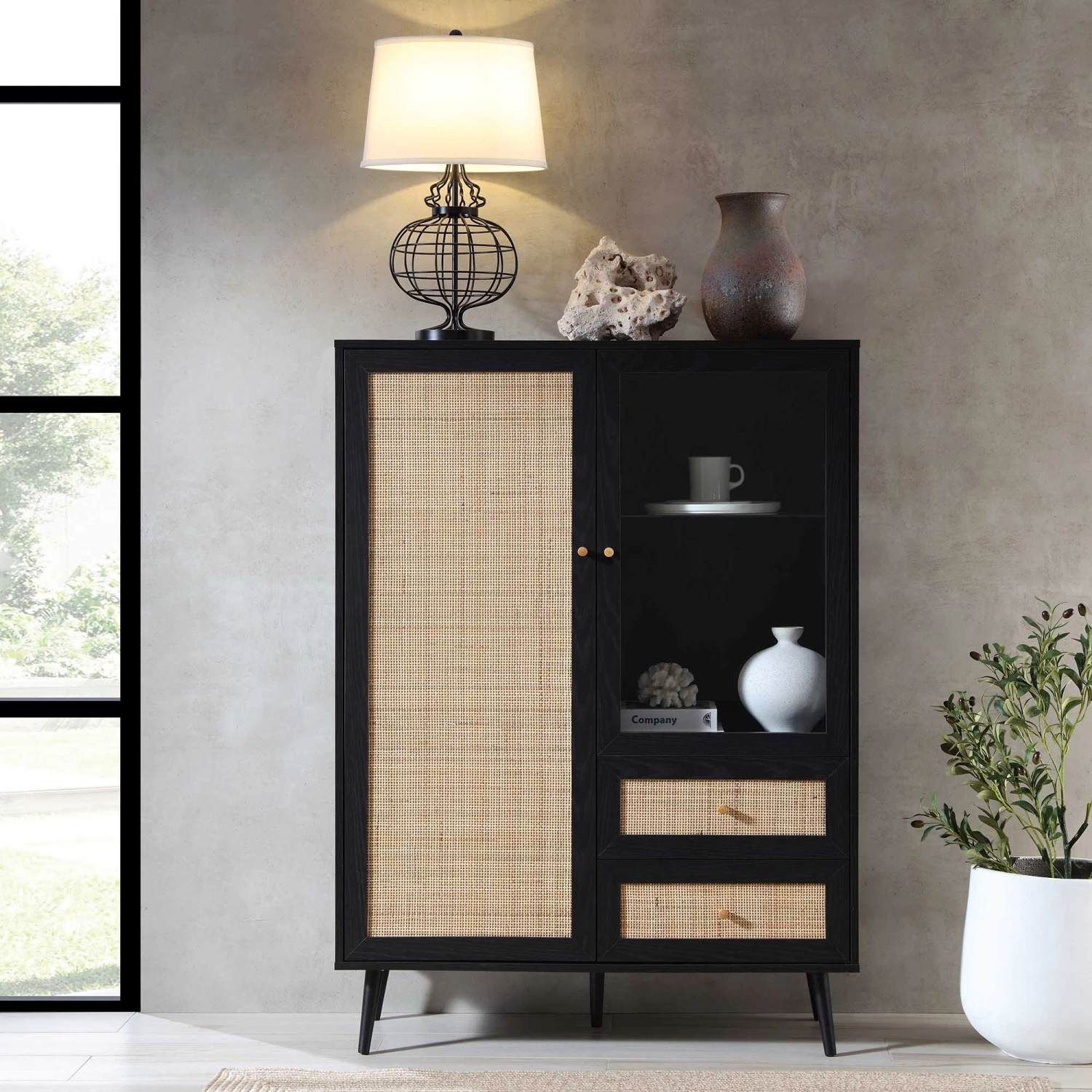 Frances Woven Rattan Display Cabinet, Black 2 Frances Woven Rattan Display Cabinet, Black - Image 2