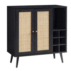 Frances Black Woven Rattan Drinks Cabinet – Modern Boho Home Bar with Natural Rattan Inlay -Daals Store FT CAB 02 BLACK WB2