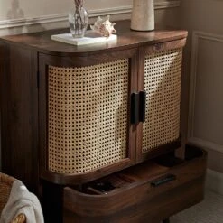 Izzy Curved Rattan 1-Drawer Small Sideboard, Walnut -Daals Store FT CAB 05 WALN scene3