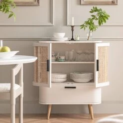 Izzy Curved Rattan 1-Drawer Small Sideboard, White -Daals Store FT CAB 05 WHITE scene2