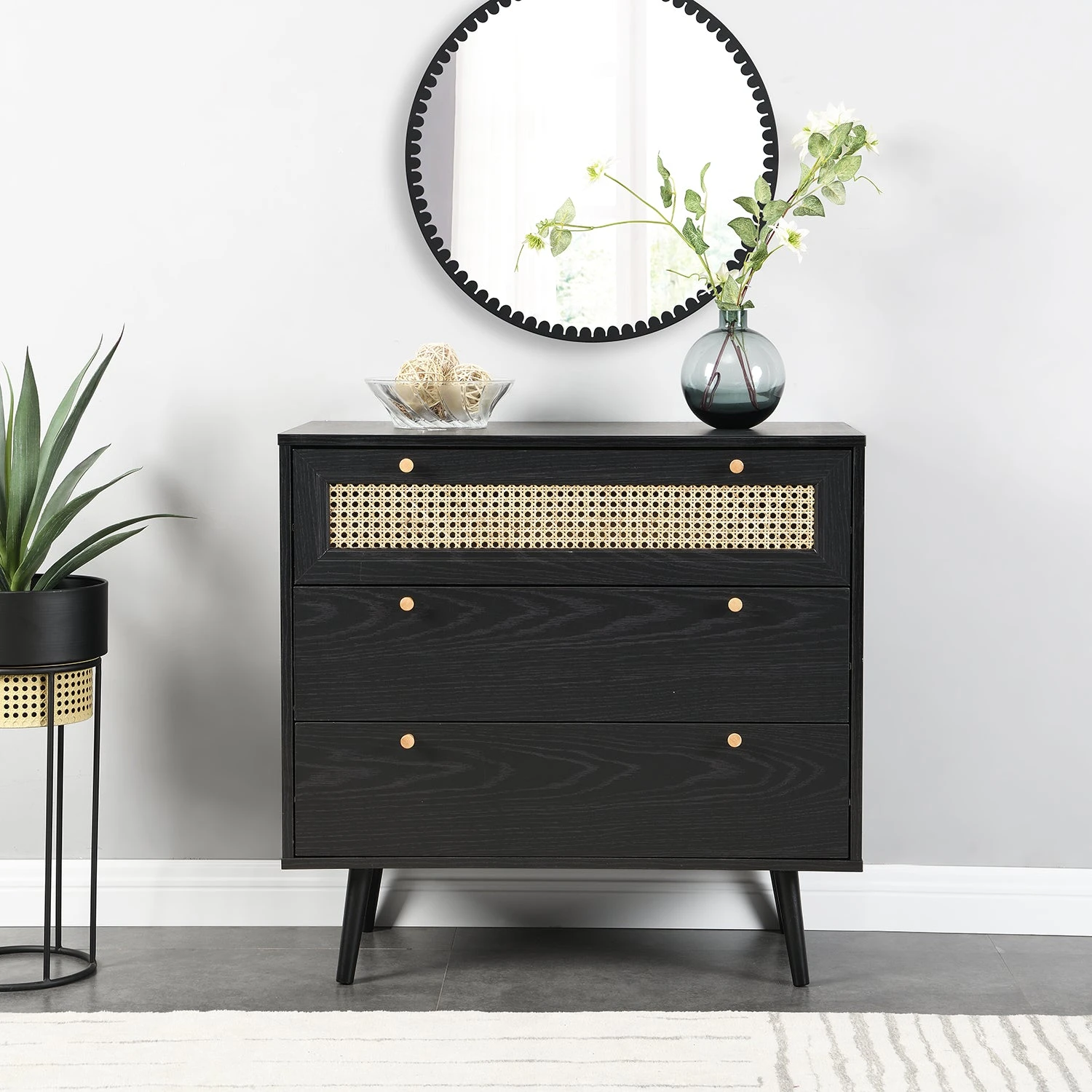 Anya Woven Rattan Chest Of 3 Drawer In Black Colour 2 Anya Woven Rattan Chest Of 3 Drawer In Black Colour - Image 2