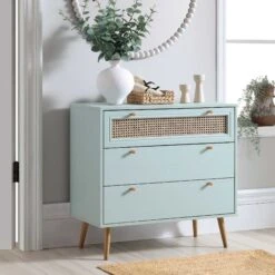 Anya Woven Rattan Chest Of 3 Drawer In Mint Colour