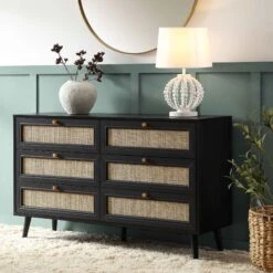 Frances Woven Rattan Chest Of 6 Drawers, Black