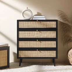 Frances Woven Rattan Tall Chest Of 4 Drawers, Black 14 Frances Woven Rattan Tall Chest Of 4 Drawers, Black -Daals Store FT COD 04 BLACK scene1