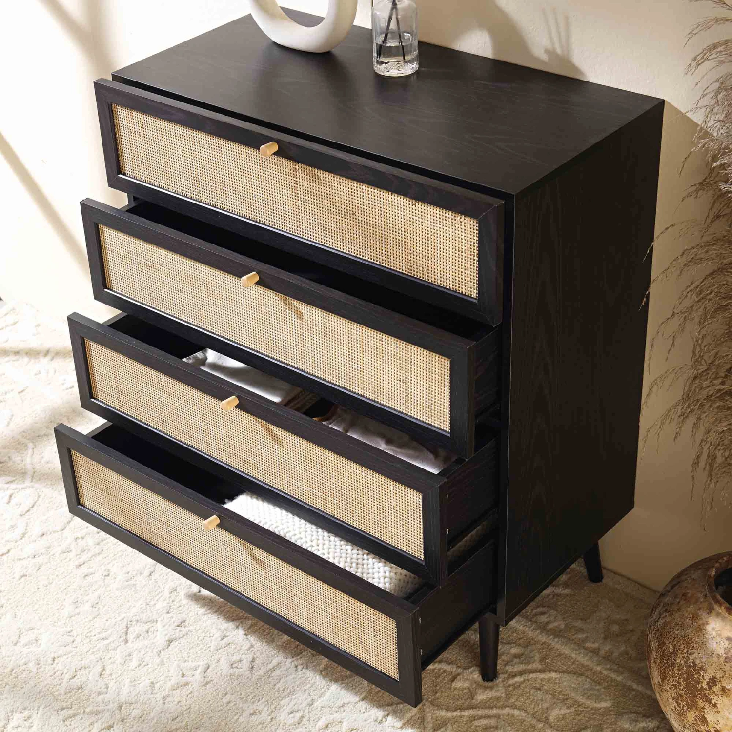 Frances Woven Rattan Tall Chest Of 4 Drawers, Black 3 Frances Woven Rattan Tall Chest Of 4 Drawers, Black - Image 3