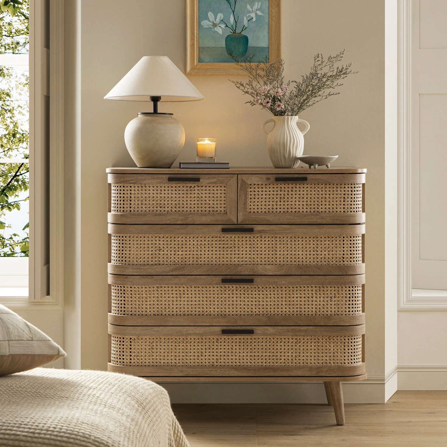 Izzy Curved Rattan Chest Of 5 Drawers, Natural 1 Izzy Curved Rattan Chest Of 5 Drawers, Natural
