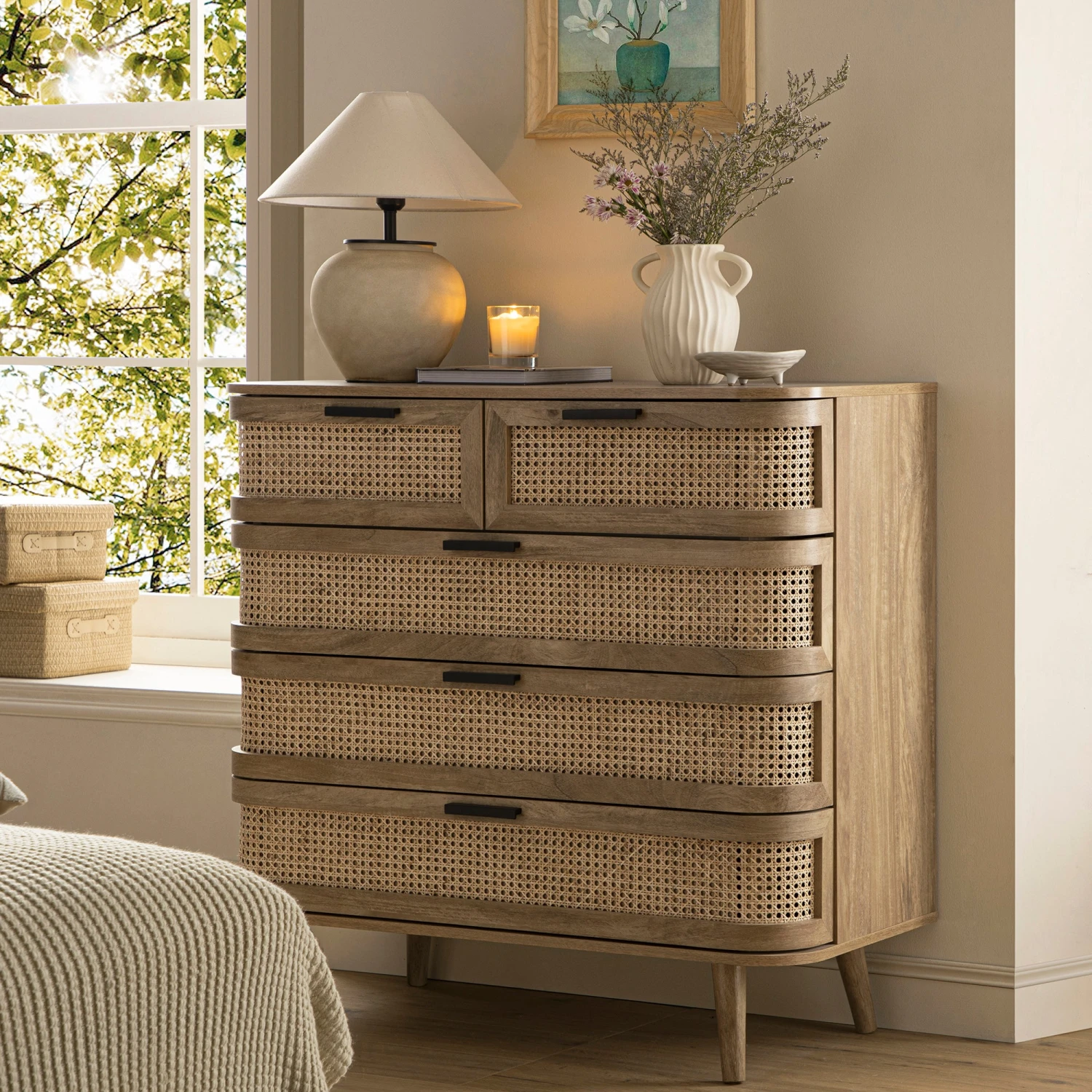 Izzy Curved Rattan Chest Of 5 Drawers, Natural 2 Izzy Curved Rattan Chest Of 5 Drawers, Natural - Image 2