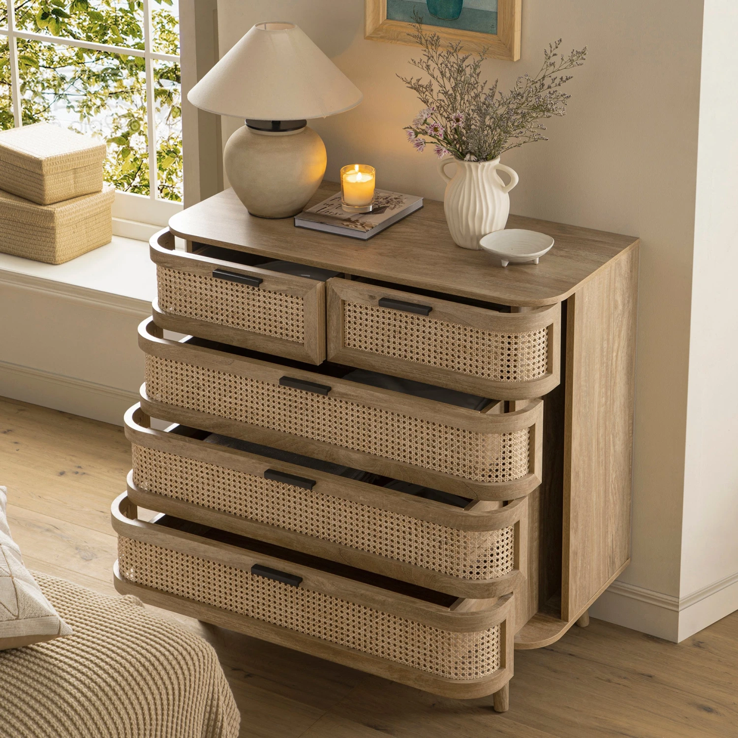 Izzy Curved Rattan Chest Of 5 Drawers, Natural 4 Izzy Curved Rattan Chest Of 5 Drawers, Natural - Image 4
