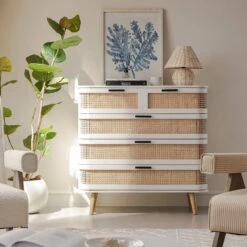 Izzy Curved Rattan Chest Of 5 Drawers, White -Daals Store FT COD 06 WHITE scene1