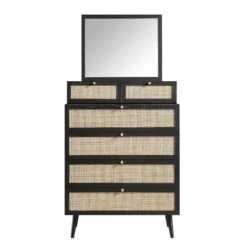 Frances Woven Rattan Tall Vanity Chest With Mirror, Black 16 Frances Woven Rattan Tall Vanity Chest With Mirror, Black -Daals Store FT COD MIRR 04 BLACK WB1