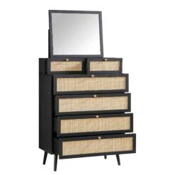 Frances Woven Rattan Tall Vanity Chest With Mirror, Black 19 Frances Woven Rattan Tall Vanity Chest With Mirror, Black -Daals Store FT COD MIRR 04 BLACK WB3