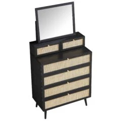 Frances Woven Rattan Tall Vanity Chest With Mirror, Black 20 Frances Woven Rattan Tall Vanity Chest With Mirror, Black -Daals Store FT COD MIRR 04 BLACK WB4
