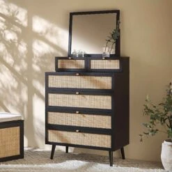 Frances Woven Rattan Tall Vanity Chest With Mirror, Black